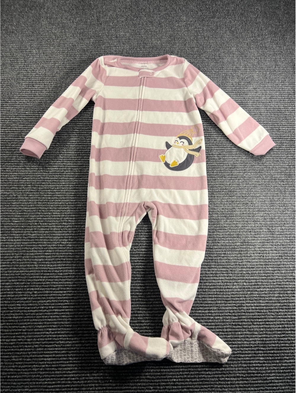 Carter's 3T Pink and White Striped Fleece Footed Pajamas with Penguin